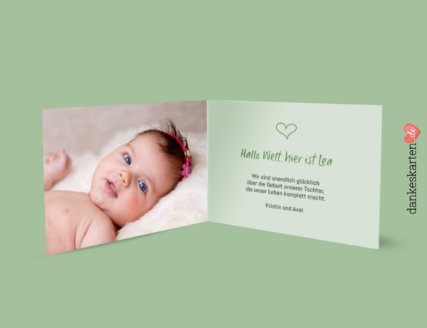 Dankeskarte zur Geburt, Geburtskarte, Geburtskarte Lea, grün, Babykarte, Klappkarte, Dankeskarte, Dankeskarte Geburt,
