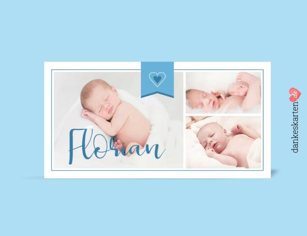 Dankeskarte zur Geburt, Geburtskarte, Geburtskarte Florian, vorn, Fotokarte, blau, hellblau, Geburtskarte für Jungen, Boy,Geburtsgröße, Geburtsdatum, Geburtsgröße
